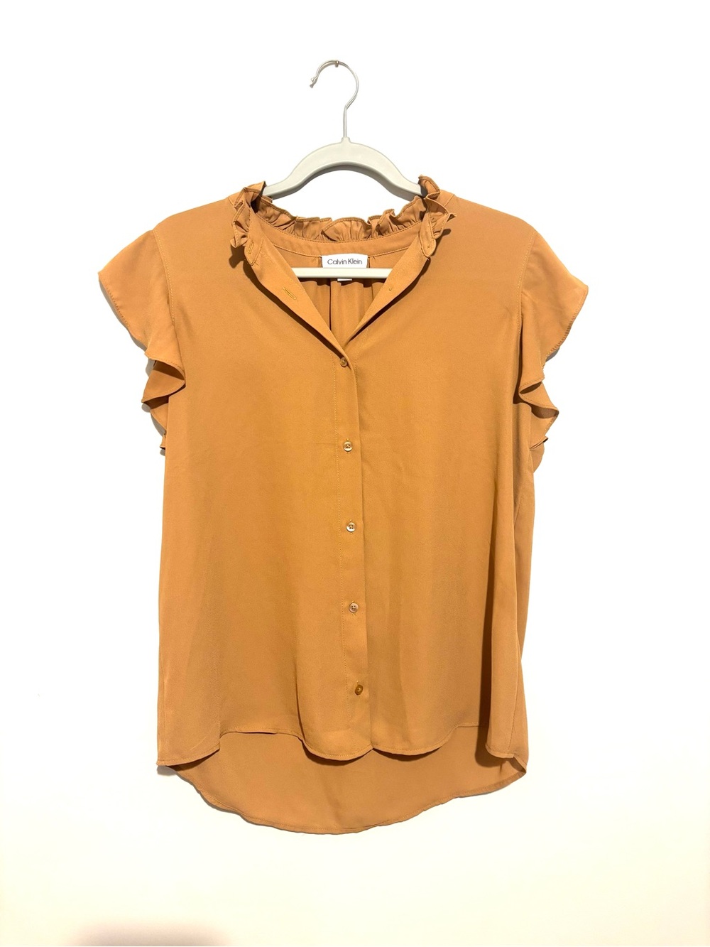 Calvin Klein Tan Ruffle Collar Button-Front Blouse Size Medium